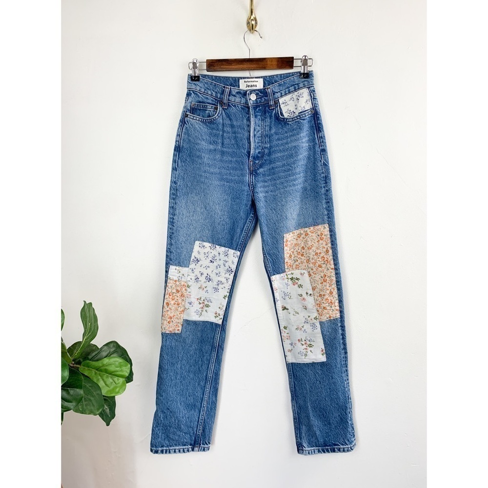 Reformation Floral Patchwork High Waist Button Fly Jeans Sz 23
